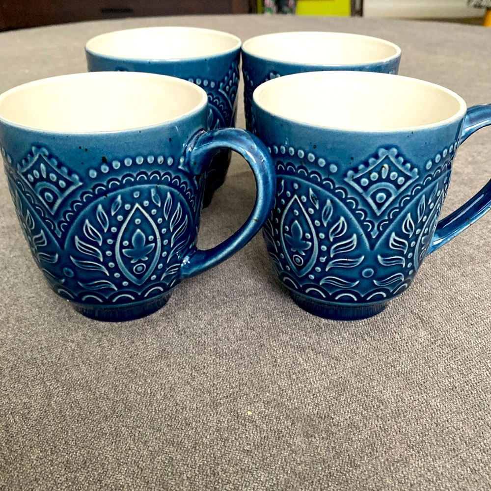 Mug set Stoneware blue teal set of 4 embossed